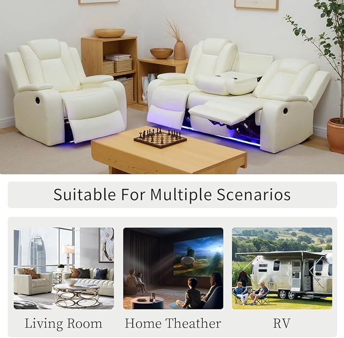 Toseslo Power Recliner Sofa Set with LED Light, Leather Sectional Sofa and Chair Set, Living Room Furniture Sets, Modern Power Reclining Sets with Storage Console for Living Room(Creamy White)