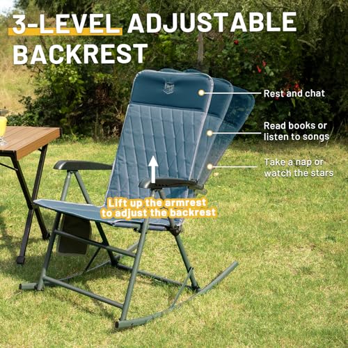 Timber Ridge 3-Level Adjustable Rocking Camping Chair, Padded High Back Outdoor Rocking Chair with Side Pocket, Portable F...
