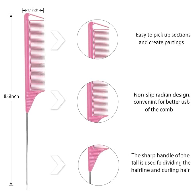 Rat Tail Combs Set - 3 Pack Long Steel Pin Combs for Hair Stylists, Parting and Teasing, Great for All Hair Types (Pink)