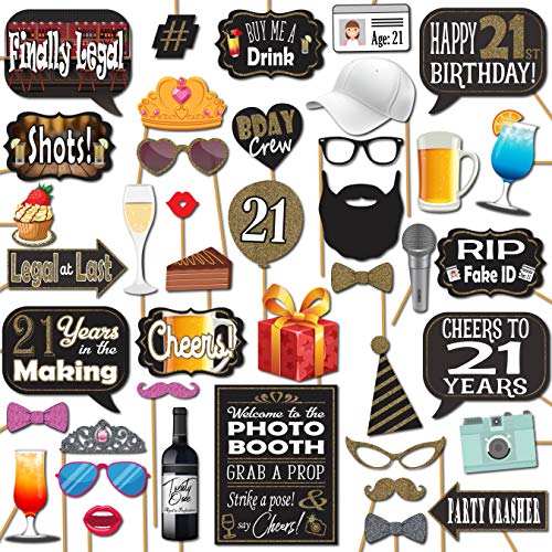 21st Birthday Photo Booth Props - 41-pc Photo Booth Kit with 8 x 10-Inch Sign, 60 Adhesive Pads, 45 Sticks - Photo Booth 2...