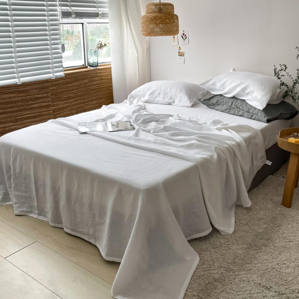 Simple&Opulence 100% Linen Sheets Queen Size Set, 4 Pcs Natural French Linen Bed Sheets, Breathable Soft Durable Bedding Set for All Season (White, Queen)
