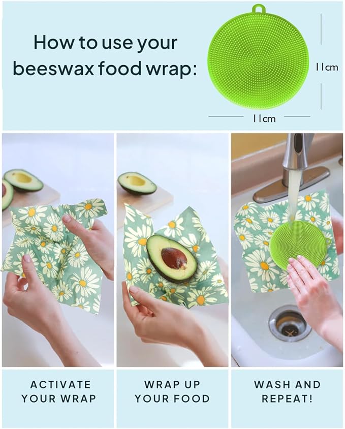 Beeswax Wraps for food 3-Pack, bee wraps reusable with Multi-function brush, Eco-Friendly to Wrap Fruits & Bread,sandwich Wraps (S,M,L) with Daisy Design