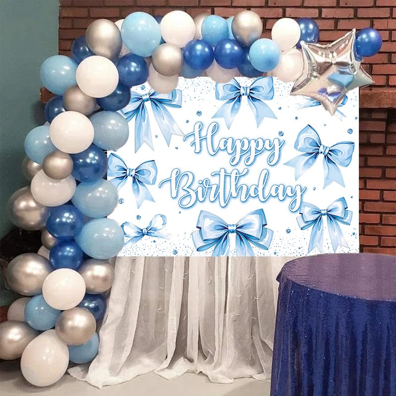 Bow Birthday Backdrop Banner Blue Bow Birthday Glitter Photography Background for Girls Women Bday Party Decorations Baby ...