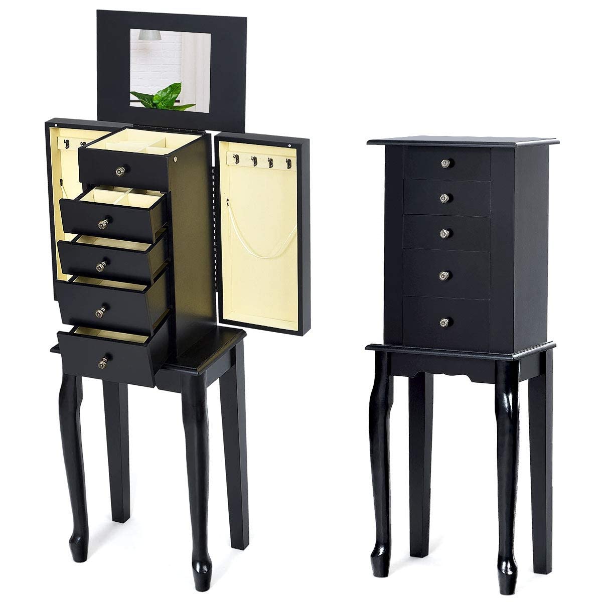 OFFICEJOY Jewelry Armoire Cabinet w/Top Flip Mirror, Wooden Jewelry Storage Chest w/ 4 Drawers, 2 Side Door, 8 Necklace Hooks, Standing Jewelry Organizer for Ring Necklace Bracelet (Black)
