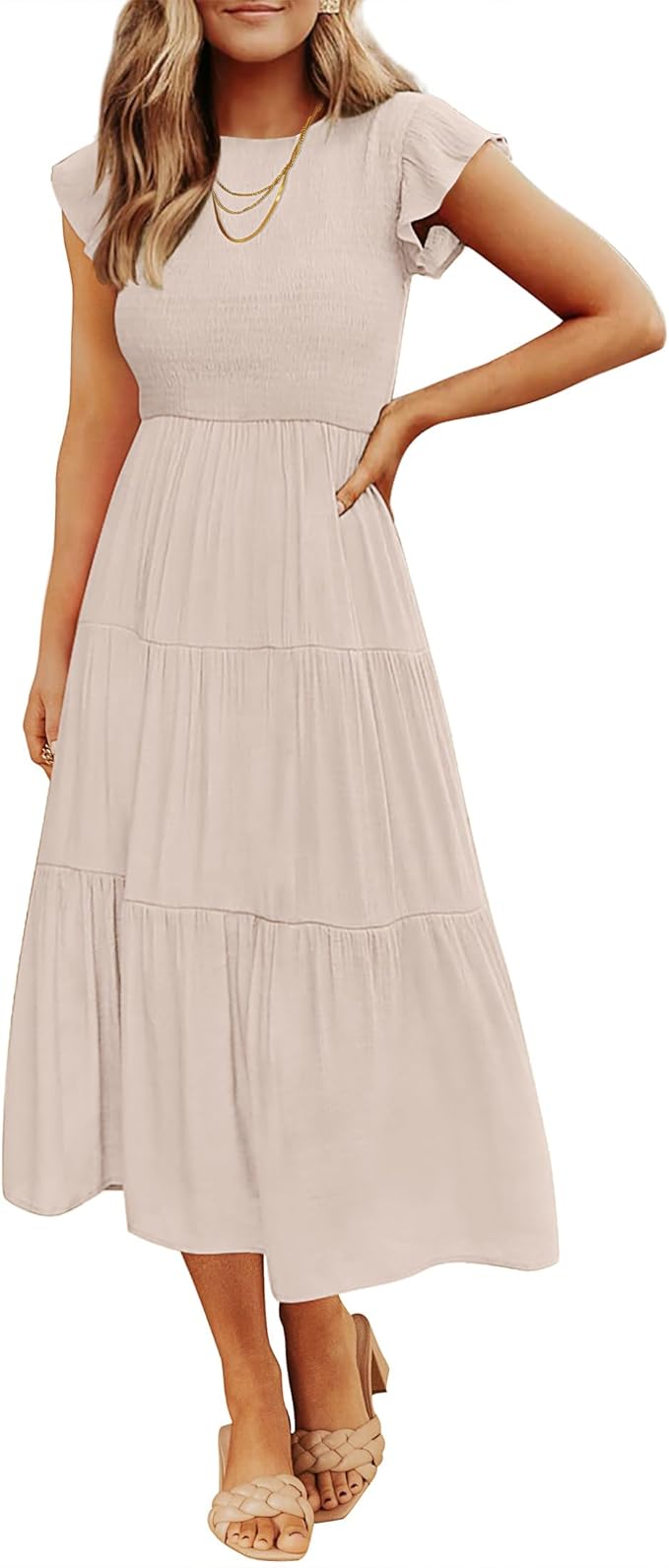 ZESICA Women's 2026 Summer Casual Flutter Short Sleeve Crew Neck Smocked Elastic Waist Tiered Midi Dress