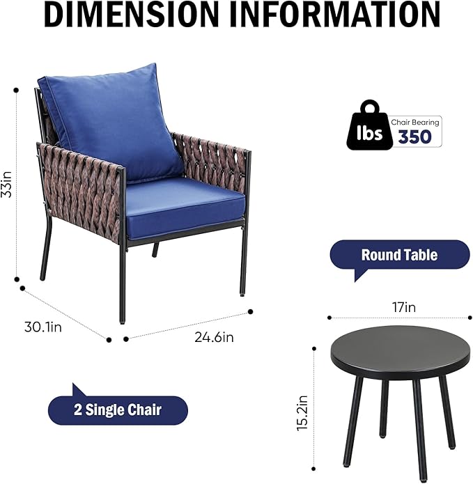 SunloungeCo Patio Furniture Set, 3-Piece Wider Outdoor Metal Seating Sofa with High Back, Coffee Ta ble, All Weather Rattan Conversation for Garden,Backyard, Poolside-Navy