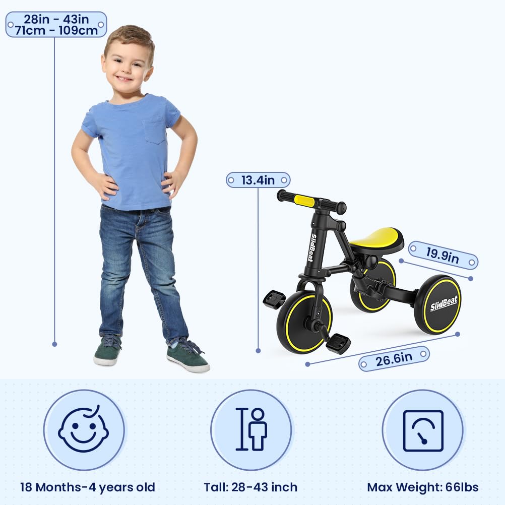 SLIDBEAT 4 in 1 Toddler Tricycle for Age 2-4 Years Old Kids, Big Wheel Adjustable Seat Balance Bike with Removable Pedal for Boys Girls Birthday