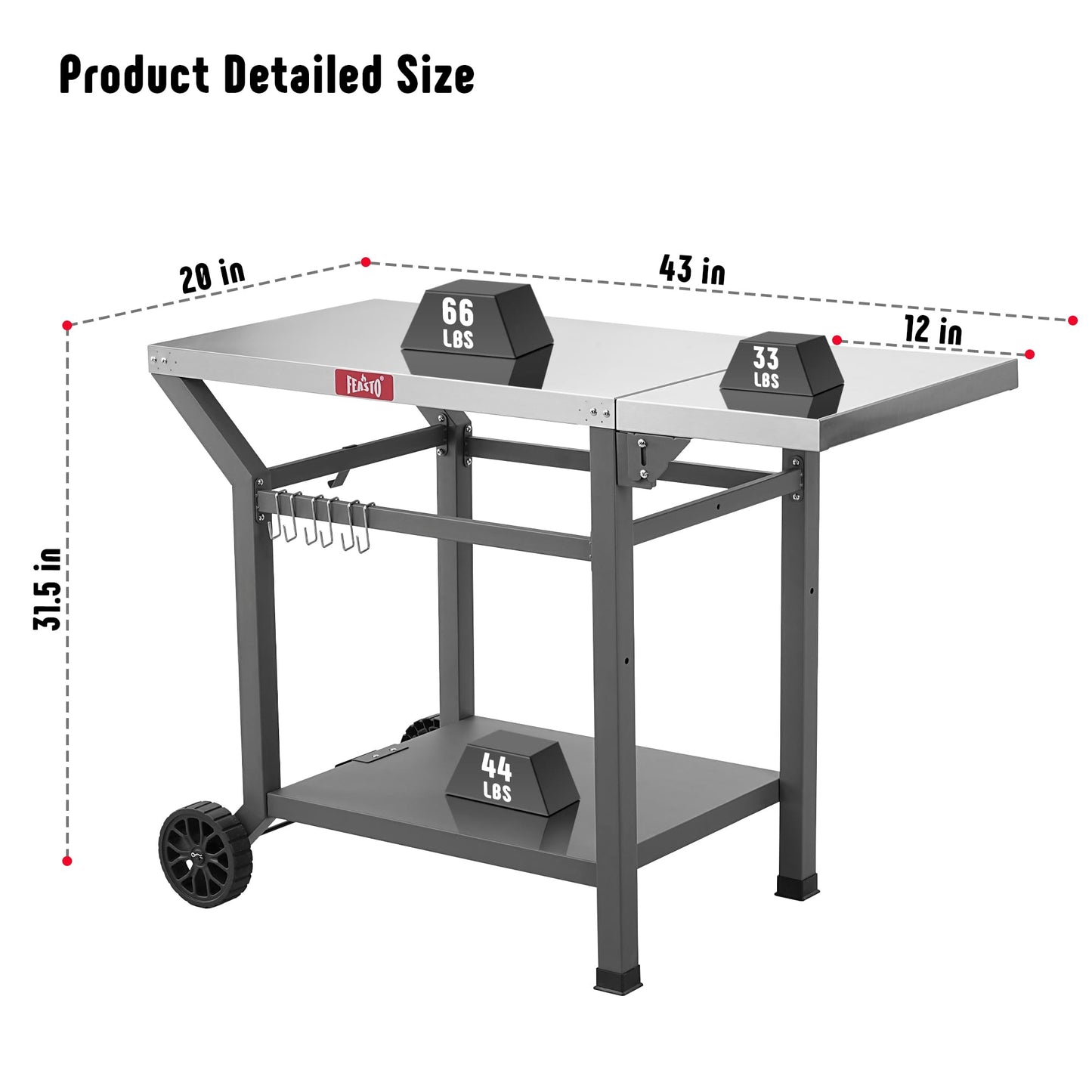 Feasto Movable Grill Table with Folding Side Table, Pizza Oven Table as BBQ Food Prep Cart with Undershelf for Outdoor & Indoor Use, 43" L x 20" W Stainless Steel Tabletop, Grey