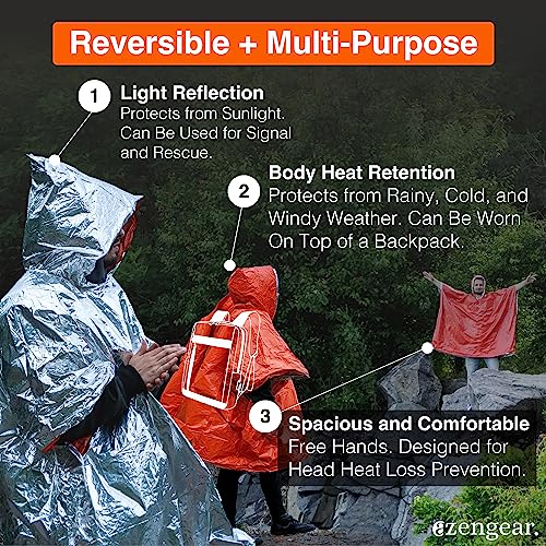 aZengear Emergency Survival Poncho (4pc) Thermal Mylar Foil Blanket for Heat Retention and Rain | Reversible with Hood | W...