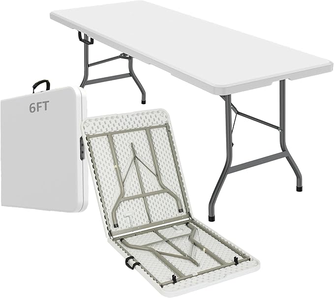 ONUUNPY 6ft Heavy Duty Portable Folding Table - Plastic Dining Table Indoor/Outdoor White Plastic Table for Parties, BBQs,...