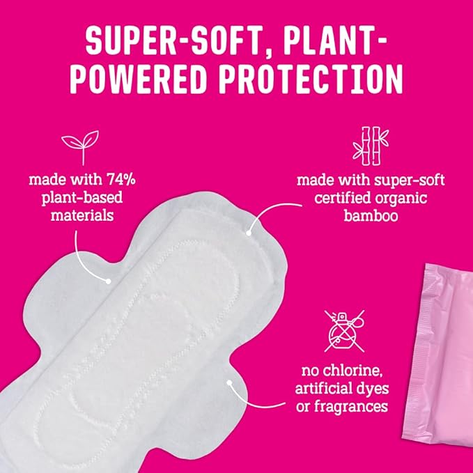 Flo - Day + Night Menstrual Pads (24 Day + 20 Night) - Winged + Ultra Thin - Natural, Absorbent, Soft, & Breathable - Organic Bamboo Period Pads for Women - Plant Based - Vegan & Cruelty Free