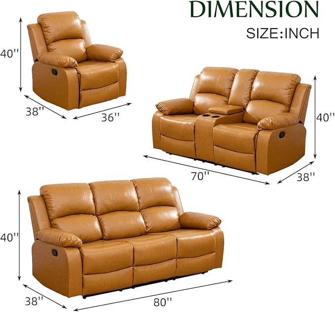 Caberryne Leather Recliner Sofa Set，Leather Reclining Couch for Living Room Furniture Sets，Ginger Recliner Couch with 5 Recliners for Living Room/Office/Theater Seating(Sofa Set 3 Pieces)