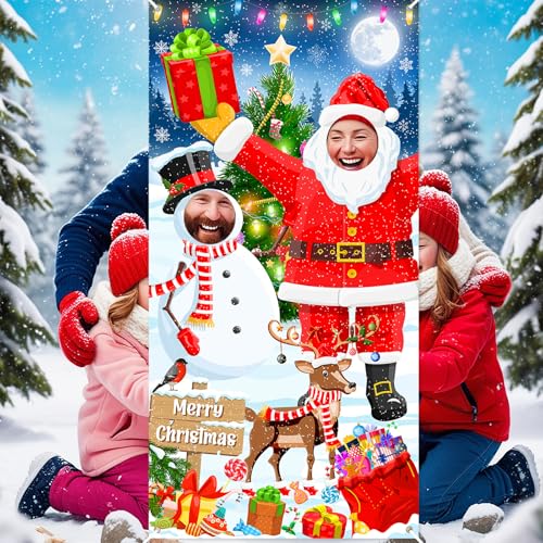 Lecheme Christmas Photo Banner 6x3ft Hole in Face Santa Face Cutout Xmas Backdrop Holiday Photo Booth Props Christmas Part...