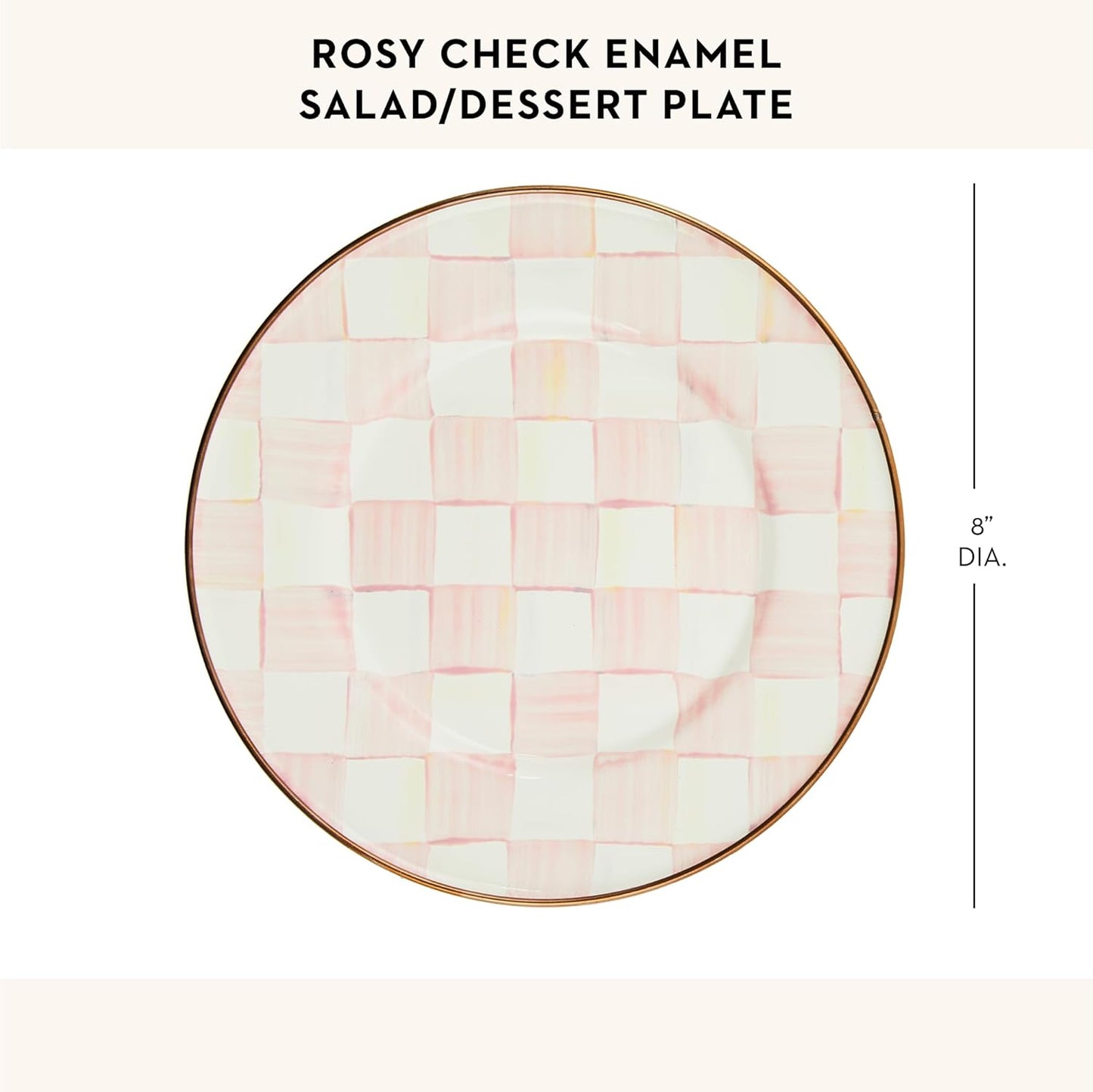 MACKENZIE-CHILDS Enamel Salad and Dessert Plate, Small Plate for Appetizers or Desserts, 8 Inches, Pink-and-White Rosy Check
