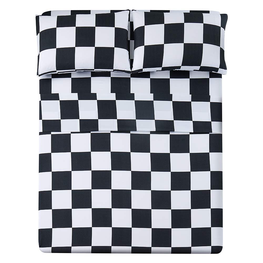 Bed Sheet Set 3 Pieces -Twin Size-Soft Durable Microfiber Bedding Sheet Set,Deep Pocket,Stain,Fade & Wrinkle Resistant (Plaid Black&White)