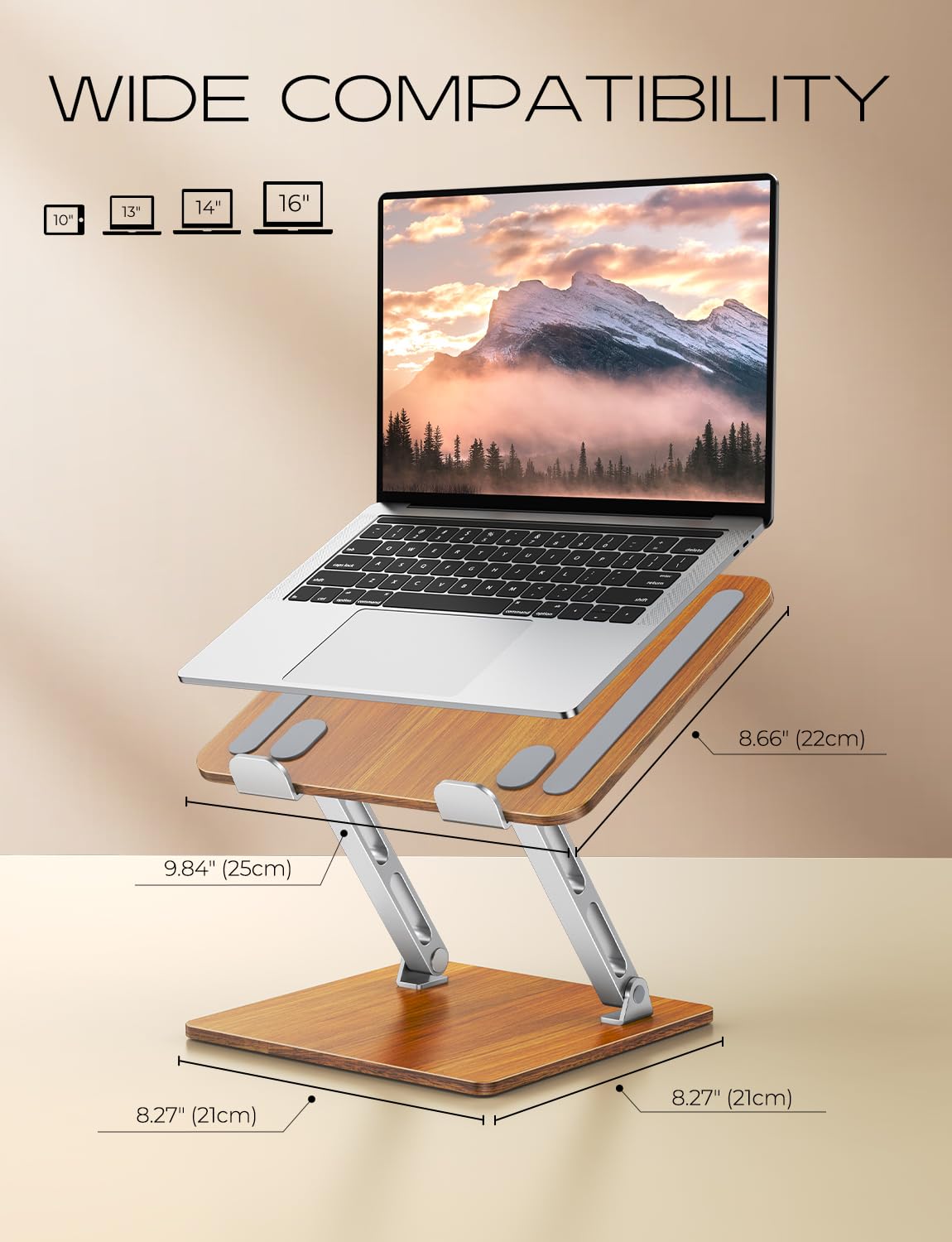 Niweya Ergonomic Laptop Stand, Wood & Aluminum Computer Stand with Adjustable Angle, Foldable Dual-Bar Laptop Riser Holder Stand for Desk, Compatible with MacBook, Dell, HP 10-16" (Royal Teak Grain)