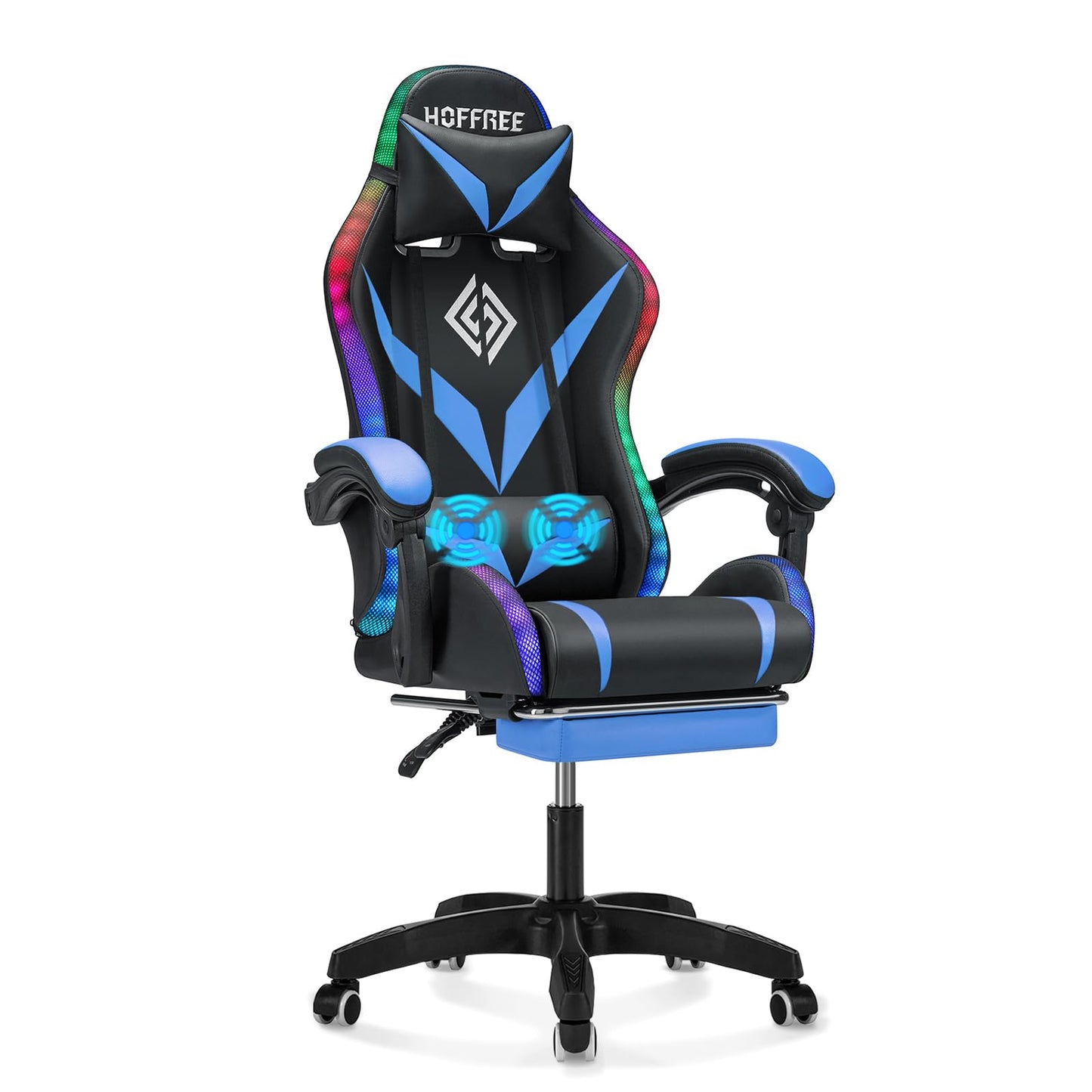RGB Gaming Chair with Massage and LED Lights Ergonomic Video Game Chairs with Footrest High Back Reclining Computer Chair with Adjustable Lumbar Support Blue and Black