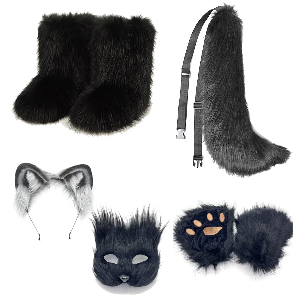 LAIDIC Therian mask and Tail Animal Costume Set with Cat Ears Therian Paws Fluffy Faux Fur Boots for Women Halloween Cosplay (Black set with boots, Size 5 boots)