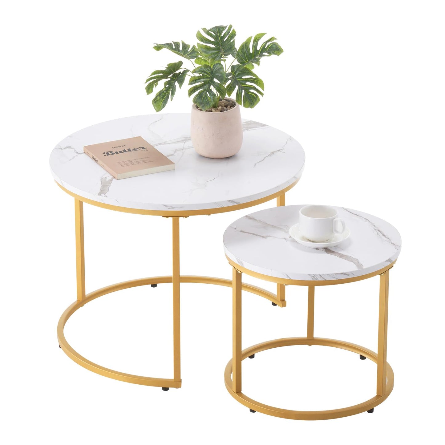 VEVOR Nesting Tables, Coffee Table Set of 2, 23.6 inch Round Coffee Table, Small Coffee Tables Night Stand with Metal Frame, for Living Room, Bedroom, Office (White & Gold)