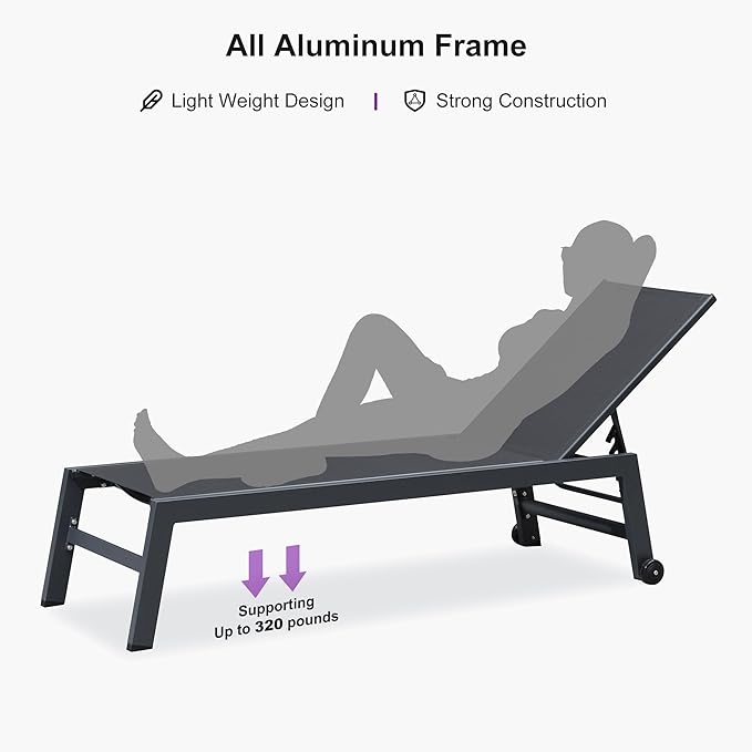 PURPLE LEAF Outdoor Chaise Lounge Set for 2 Oversized Pool Lounge Chairs with Easy-to-Move Wheels and Adjustable Backrest Extra Large Patio Loungers for Poolside Deck Beach Table Included, Dark Grey