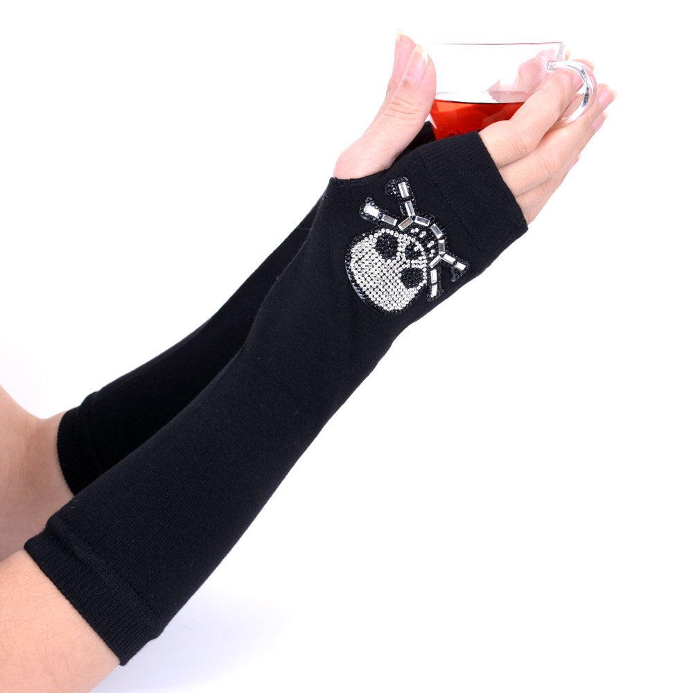 JISEN Women Punk Winter Arm Warmer Knitted Stretchy Soft Fingerless Gloves Black B