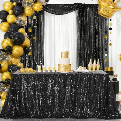 B-COOL Black Sequin Curtains Drapes 4 Panels Glitter Party Curtains 2FTx8FT for New Years Gothic Themed Party Birthday Sta...