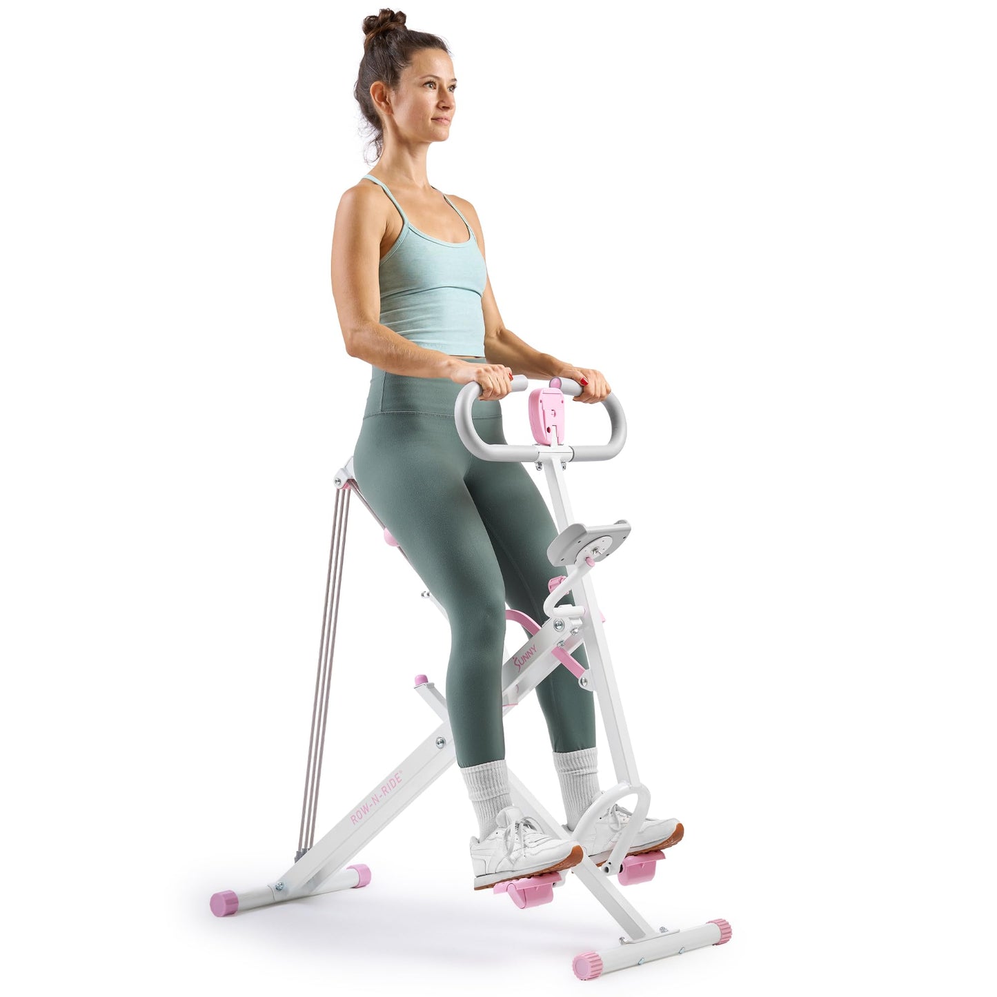 Sunny Health & Fitness Pink Row-N-Ride Plus, Squat Assist Trainer for Glutes and Full Body Workout, 330 LB Capacity, Adjustable Resistance, Padded Seat, and Free Access to SunnyFit App - P2100SMART