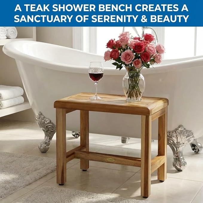 EcoDecors Eleganto 24 Inch Natural Color Waterproof Teak Wood Shower Bench Stool Seat Chair For Inside Shower Provides Safety, Storage, and Organization For Bathroom Accessories