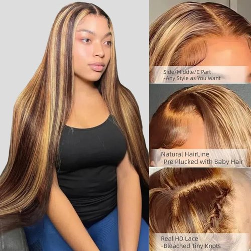 Kineko Honey Blonde Wig Human Hair 13x4 Straight Lace Front Wigs Human Hair Ombre Highlight Honey Blonde HD Lace Front Wig Human Full Frontal Glueless Wigs Human Hair Pre Plucked P427 Colored 20Inch