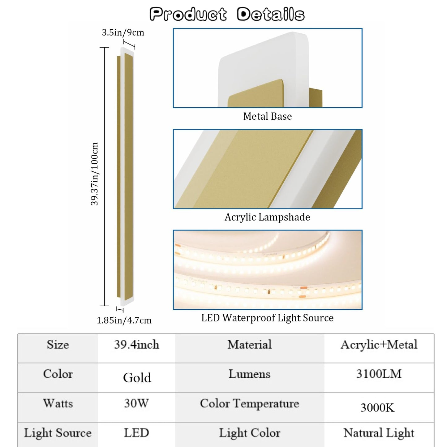 Coinmit 2Pack 39.4In Long Outdoor LED Wall Lights IP65 Waterproof Modern Exterior Wall Light 3000K Linear Outdoor Lights for Courtyard Porch(Gold)