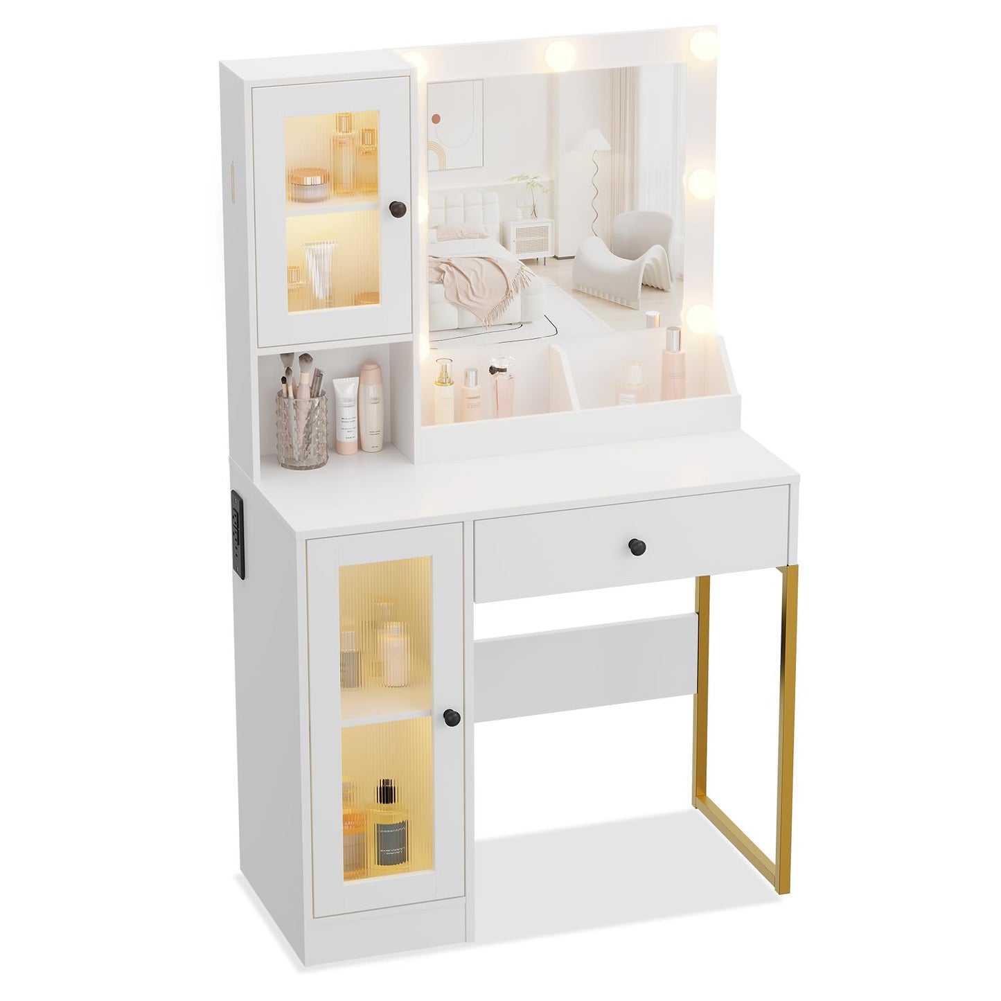 Garvee Vanity Desk with Mirror and Lights Elegant Makeup Vanity Table with Drawers & Cabinets, Storage, Sturdy MDF Top, Adjustable Brightness Bulbs, Built-in Power Outlet & USB Ports for Bedroom