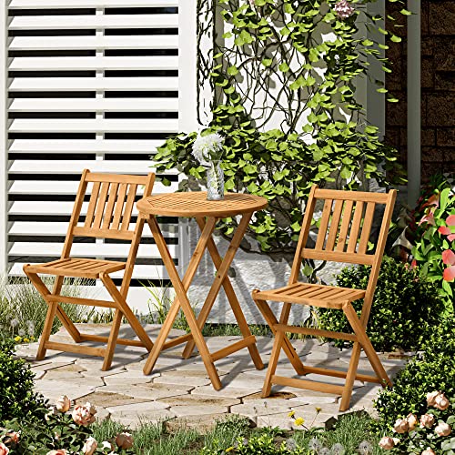Outsunny 3-Piece Acacia Wood Bistro Set, Folding Patio Furniture with 2 Folding Chairs and Round Coffee Table, Teak, Slatt...