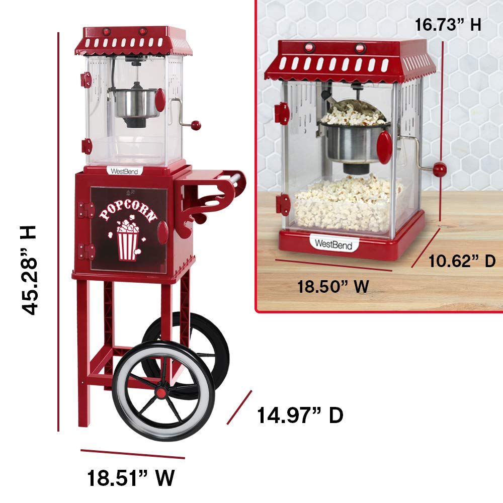 West Bend Popcorn Popper Machine Theater Style on Wheeled Cart with Non-Stick 2.5 Oz Stainless Steel Popcorn Kettle, Storage Shelf, and Popcorn Scoop, 10-Cup, Red