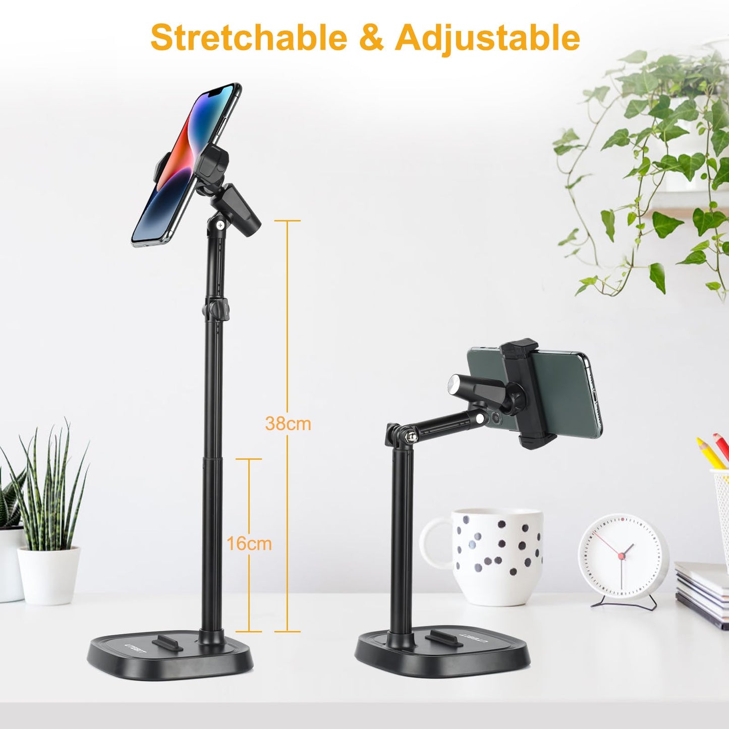 Utebit Cell Phone Stand, 6-15 Height Adjustable Rotating Cell Phone Holder For Desk, Retractable Cell Phone Stand,Tablet Stand H