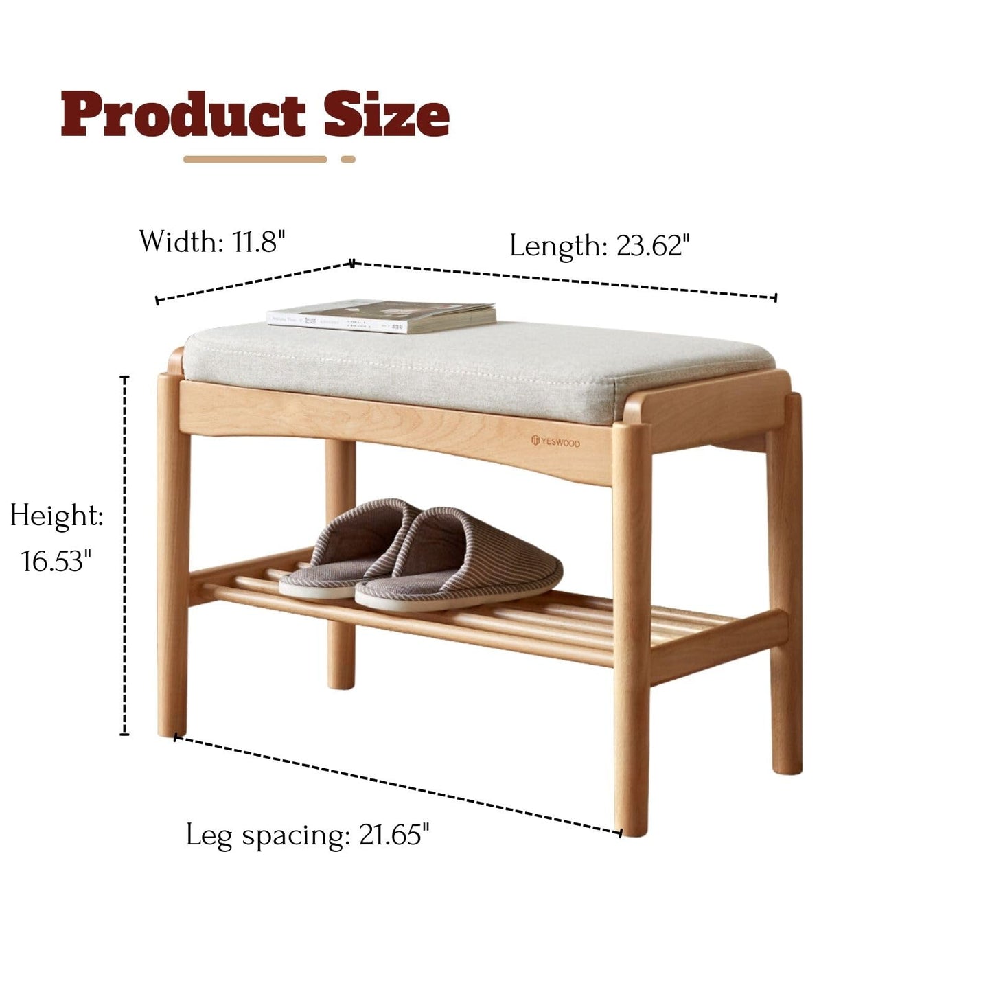 Vadisun Solid Wood Shoe Bench Assembled, Shoe Rack Bench with Cushion for Entryway, Living Room, Bedroom, Hallway, 11.8" x 23.6" x 16.5", Natural