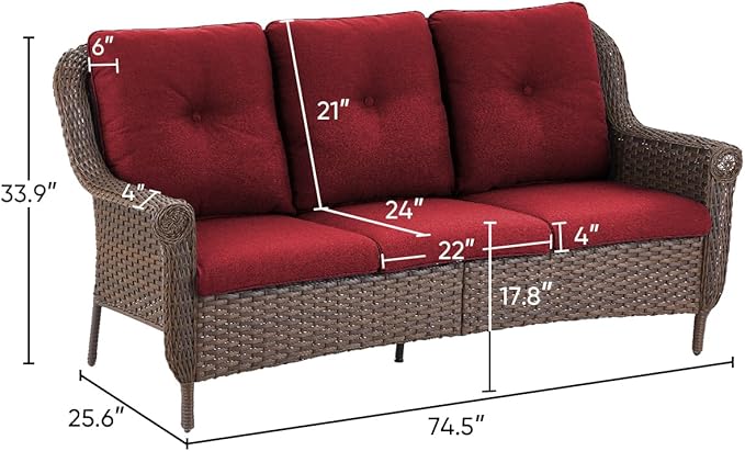 ACTREST Patio Couch Outdoor Wicker Sofa - Heavy Duty All-Weather Brown Rattan 3-Seater with High Back and Comfortable Thick Cushions for Garden Back Porch Poolside Apartment - Red