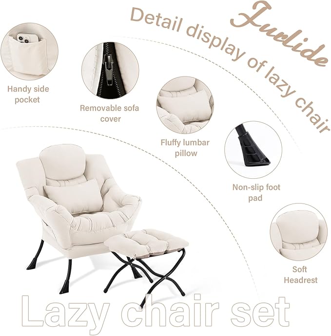 Furlide Lazy Chair with Ottoman, Comfy Fabric Accent Lounge Arm Chair with Lumbar Pillow and Folding Footrest, Reading Leisure Sofa Chair for Bedroom, Living Room, Dorm,Beige