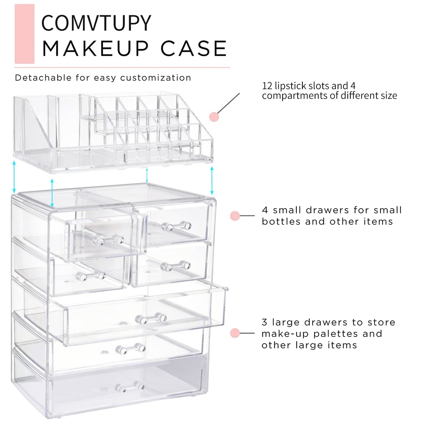 COMVTUPY Clear Makeup Organizer with Brush Holder, Large Acrylic Cosmetic Display Jewelry & Make Up Organizers and Storage for V