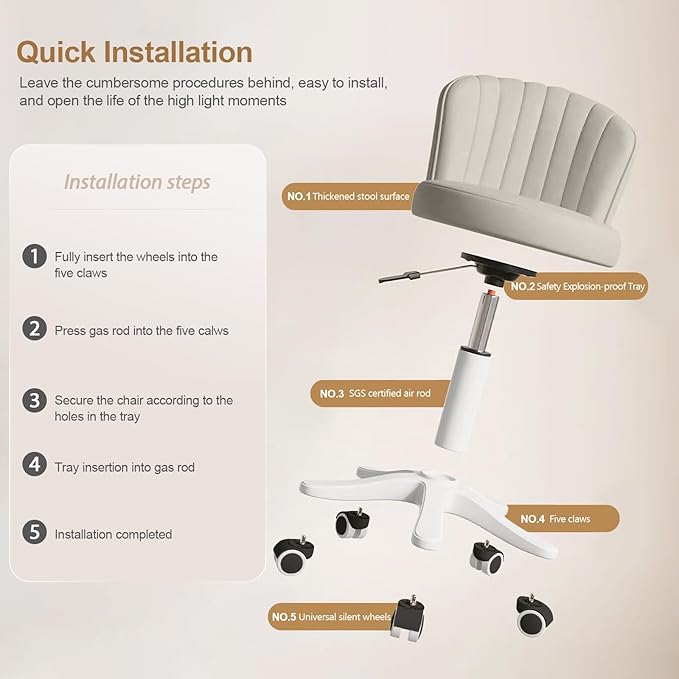 Small Round Rolling Desk Chair Armless Comfy Vanity Computer Chair with Low Backrest PU Leather Height Adjustable Swivel Work Spa Chair