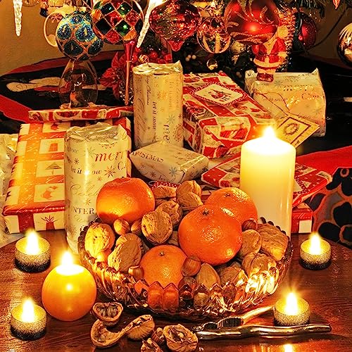 Retisee 48 Pcs Flameless LED Tea Lights Gold Black Glitter Electric Fake Candles for Centerpieces Battery Operated Anniver...