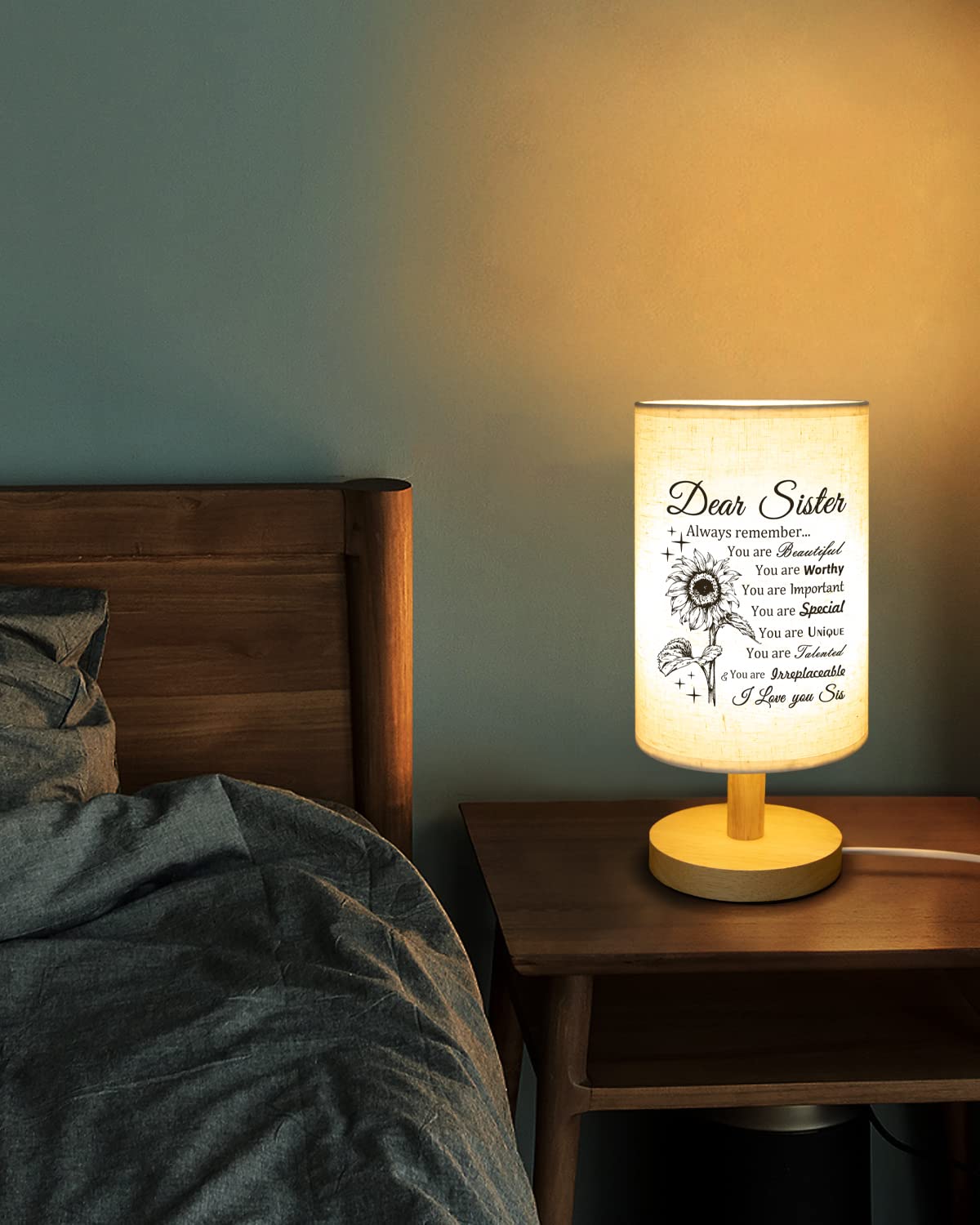 Calibron Sister Gifts, Sister Birthday Gifts Fabric Lamp, Birthday Gifts for Sister, Sisters Gifts from Sister Table Lamp with Wooden Stand, Anniversary Wedding Gifts for Sister