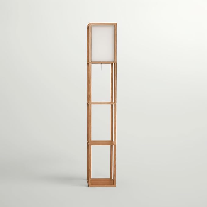 Brightech Maxwell - Modern Shelf Floor Lamp with Lamp Shade and LED Bulb - Corner Display Floor Lamps with Shelves for Living Room, Bedroom and Office - Natural Wood