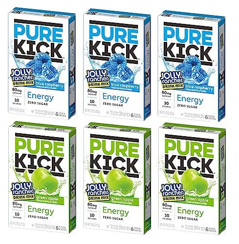 Pure Kick Singles To Go, Jolly Rancher Energy Drink Mix, Variety Pack, 3 Boxes Blue Raspberry 3 Boxes Green Apple (36 Sing...