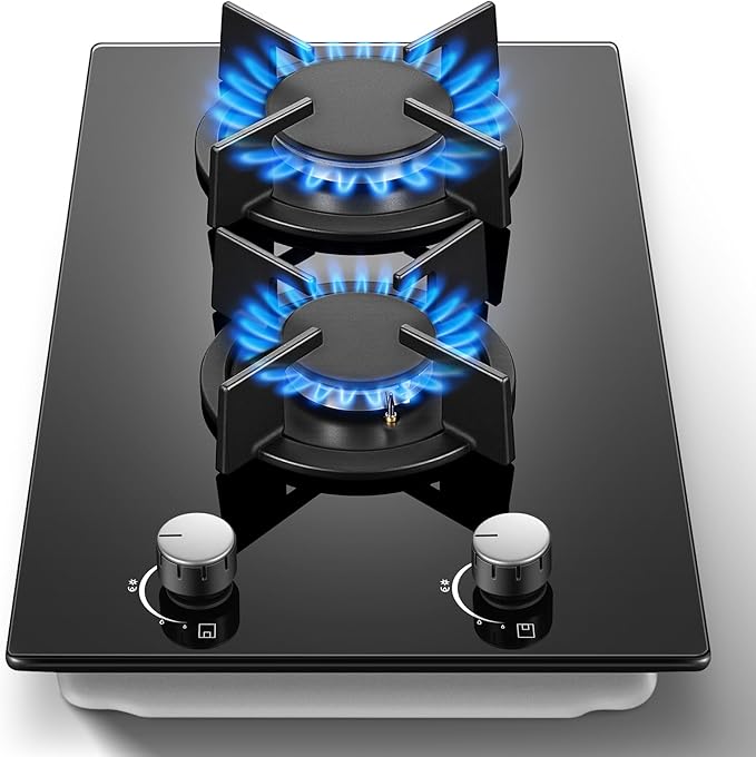 Gas Stove 2 Burner, Propane Cooktop 12 Inch, Built-in Gas Cooktop Black Tempered Glass Stove Top with Thermocouple Protect...