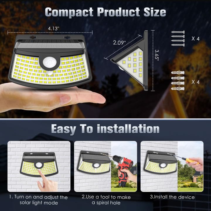 Aootek New Solar Motion Sensor Lights 120 LEDs with Lights Reflector,270° Wide Angle, IP65 Waterproof, Step Lights for Front Door, Yard, Garage, Deck (Black, Daylight White, 2-Pack)