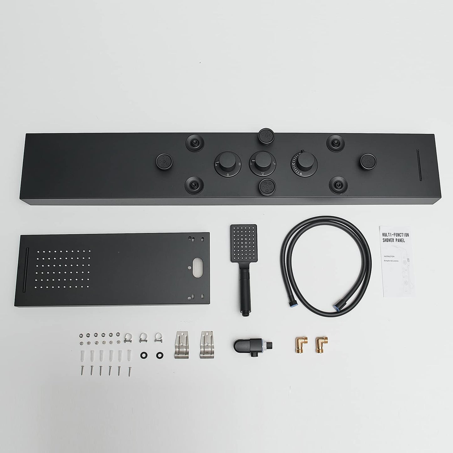 BWE Rainfall Shower Panel Waterfall with Handheld Shower Matte Black 6 IN 1 Stainless Steel Shower Tower Panel System Massage Body Jets with Tub Spout Water Wall Mount