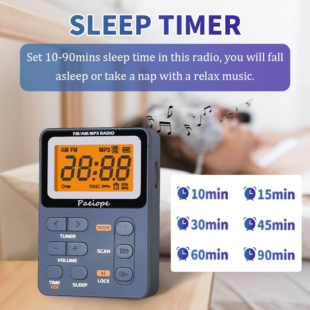 Paeiope Portable Radio Am Fm, Rechargeable Pocket Speaker With Best Reception Digital Tuning, Mp3, Stereo Earphone, Large Lcd Sc