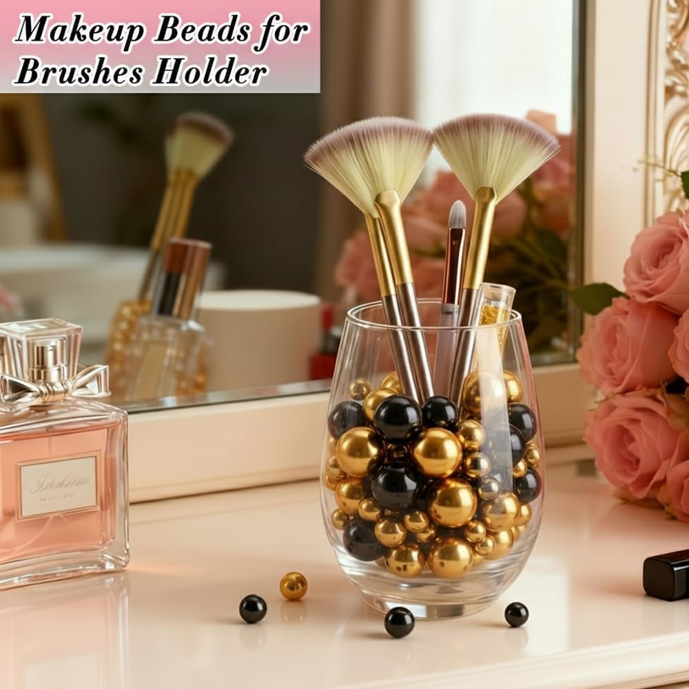 Pearl Beads No Hole Pearls for Crafting 180 Pcs Fake Pearls Faux Pearls for DIY Crafts Jewelry Making Vase Filler Floating Candle Wedding Birthday Party Home Decorations (Black & Gold, 8/10/14/20mm)