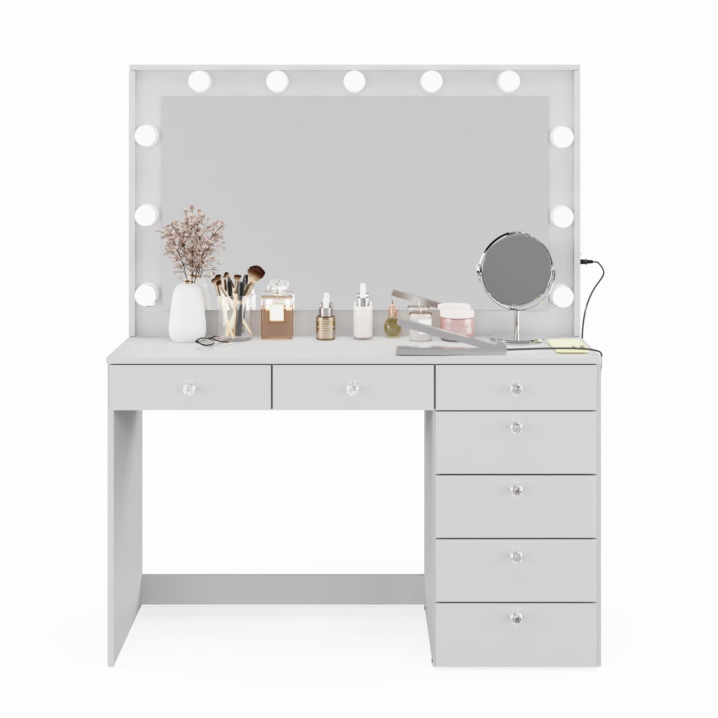 Boahaus Diana Premium White Makeup Vanity Desk with New Built-in Lights, 7 Drawers, USB Type-C & Type-A Ports, 110V Power Outlet, and Crystal Knobs – Upgraded Vanity Table for Bedroom