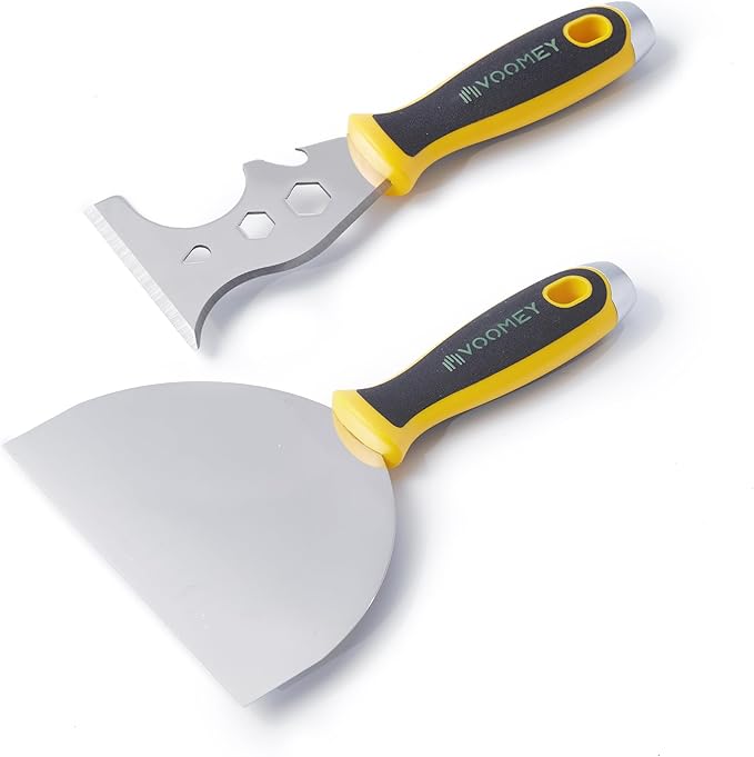 Voomey 6 Inch Stainless Steel Putty Knife, 12 In1 Paint Scraper, Drywall Taping Knife 2 Pack, Paint Scraper Tool for Repairing Old Walls, Cleaning Paint Roller Covers, Applying Putty